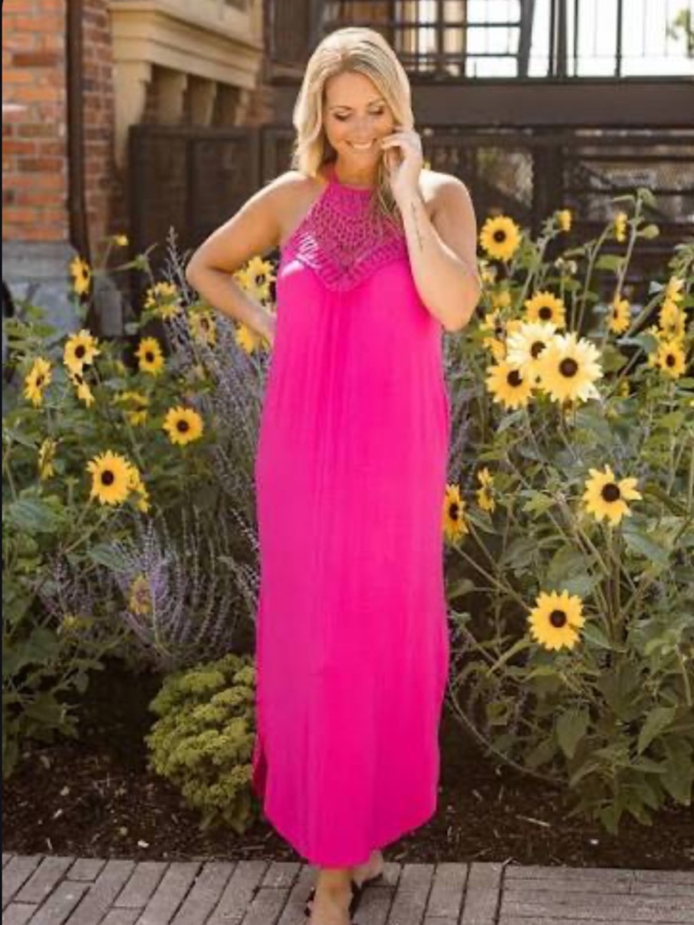 1X “Curvy Sense” Hot Pink Crochet Halter Dress